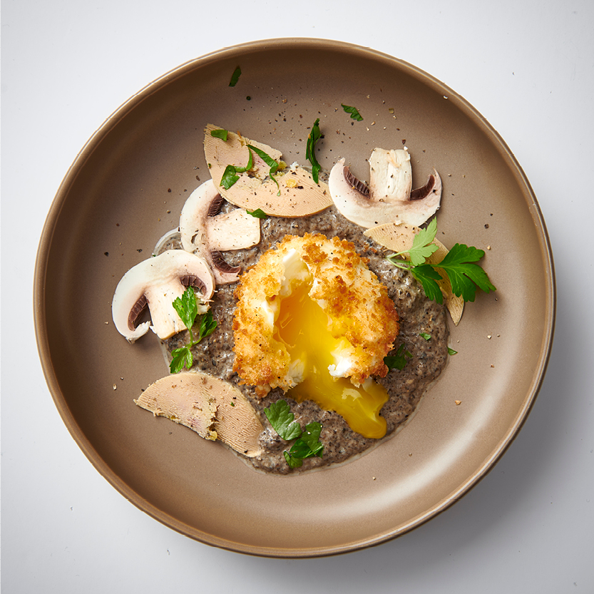 Food photography plate eggs mushroom